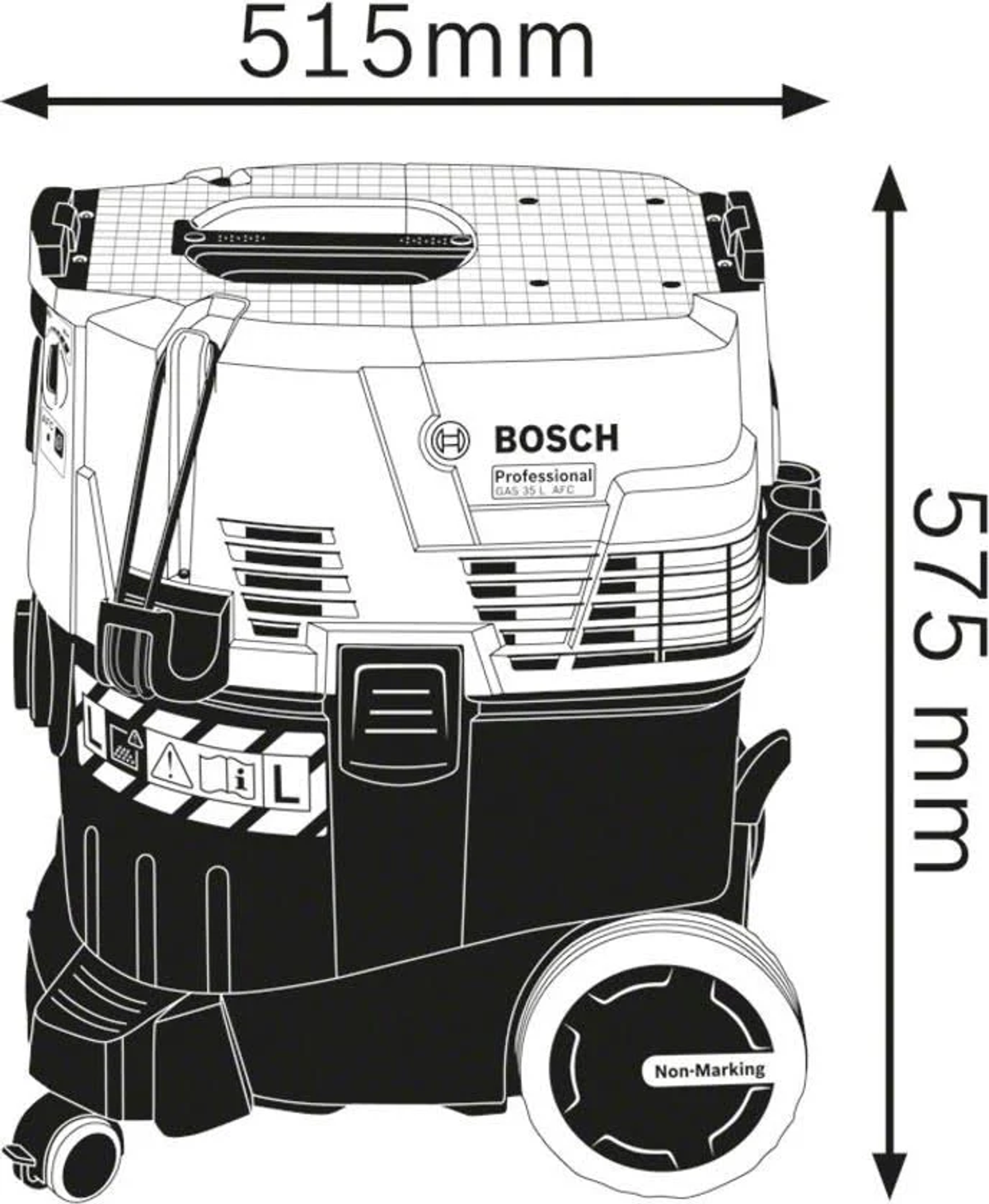 Una aspiradora en blanco y negro. Dimensiones 515 mm x 575 mm. La marca es Bosch.