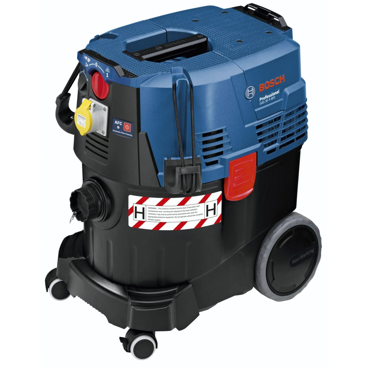 Aspirapolvere blu e nero con ruote, su sfondo bianco.