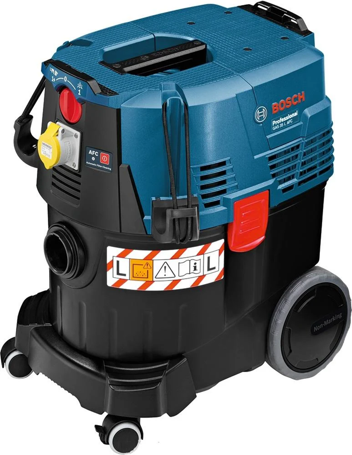 Aspiradora Bosch Professional, azul y negra, sobre ruedas, con accesorios visibles.