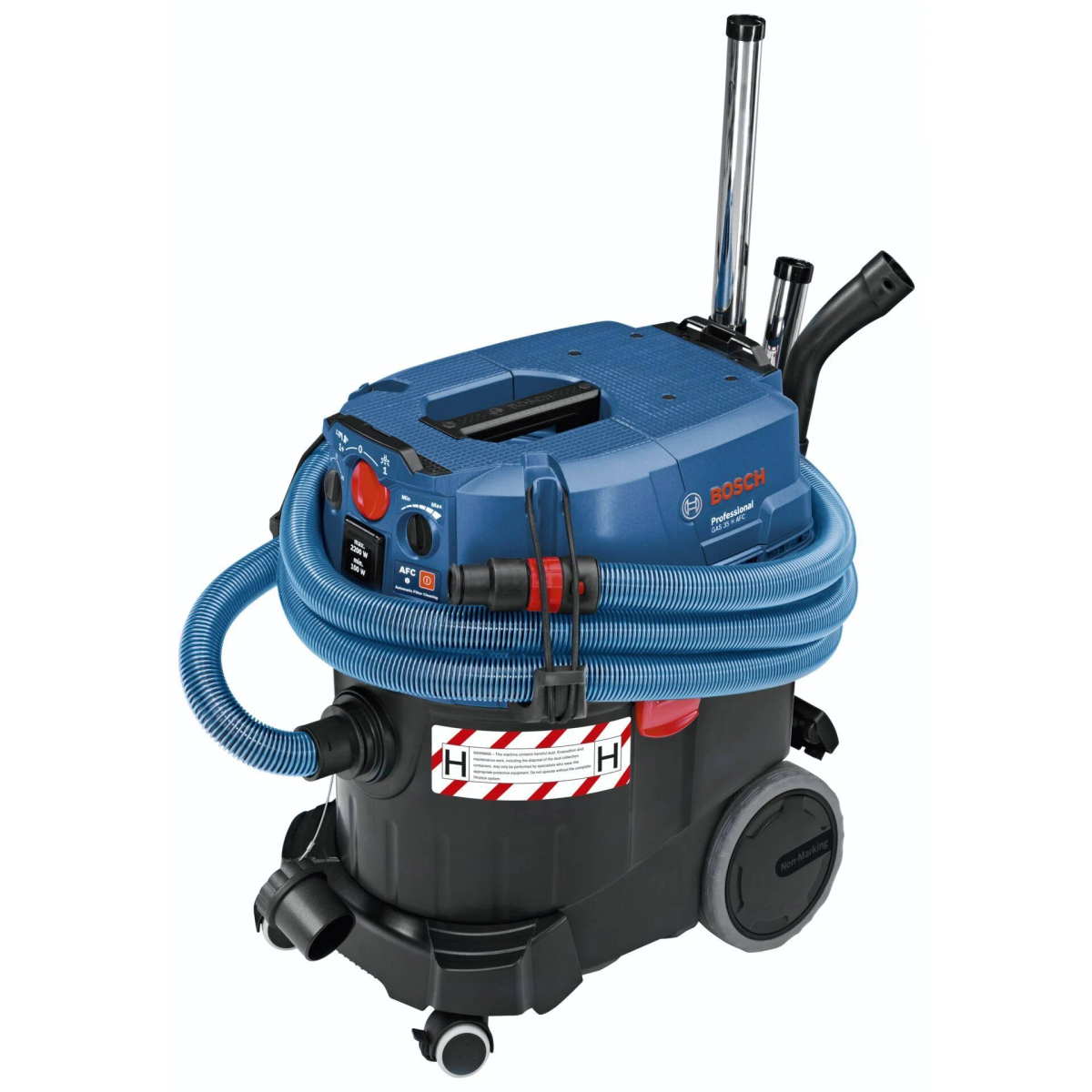 Aspirapolvere Bosch blu e nero. Il tubo è avvolto attorno alla parte superiore.