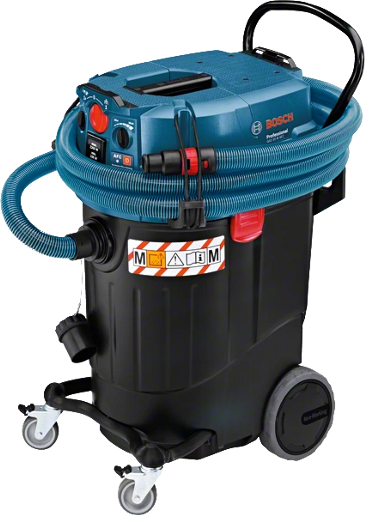 Un aspirapolvere Bosch nero e blu. Ha un tubo avvolto attorno alla parte superiore.