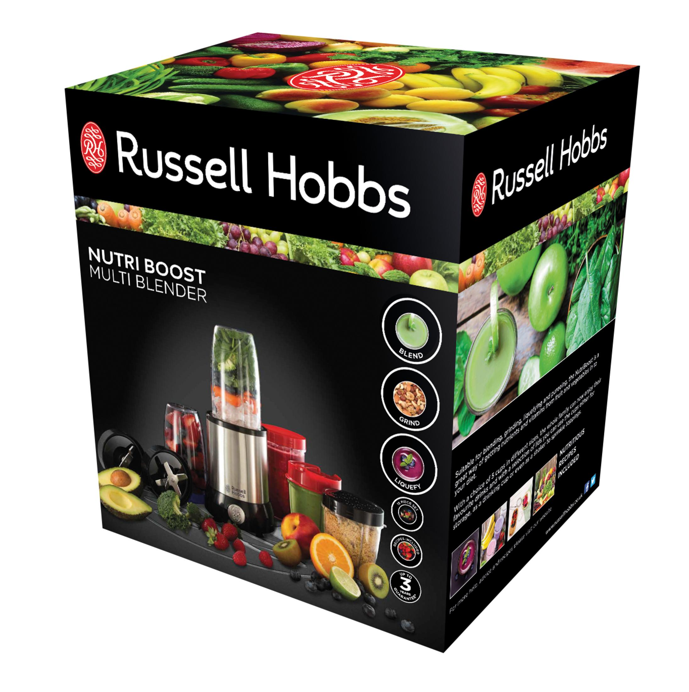 Russell Hobbs Nutri Boost blender kutusu, kutu üzerinde çeşitli meyveler.