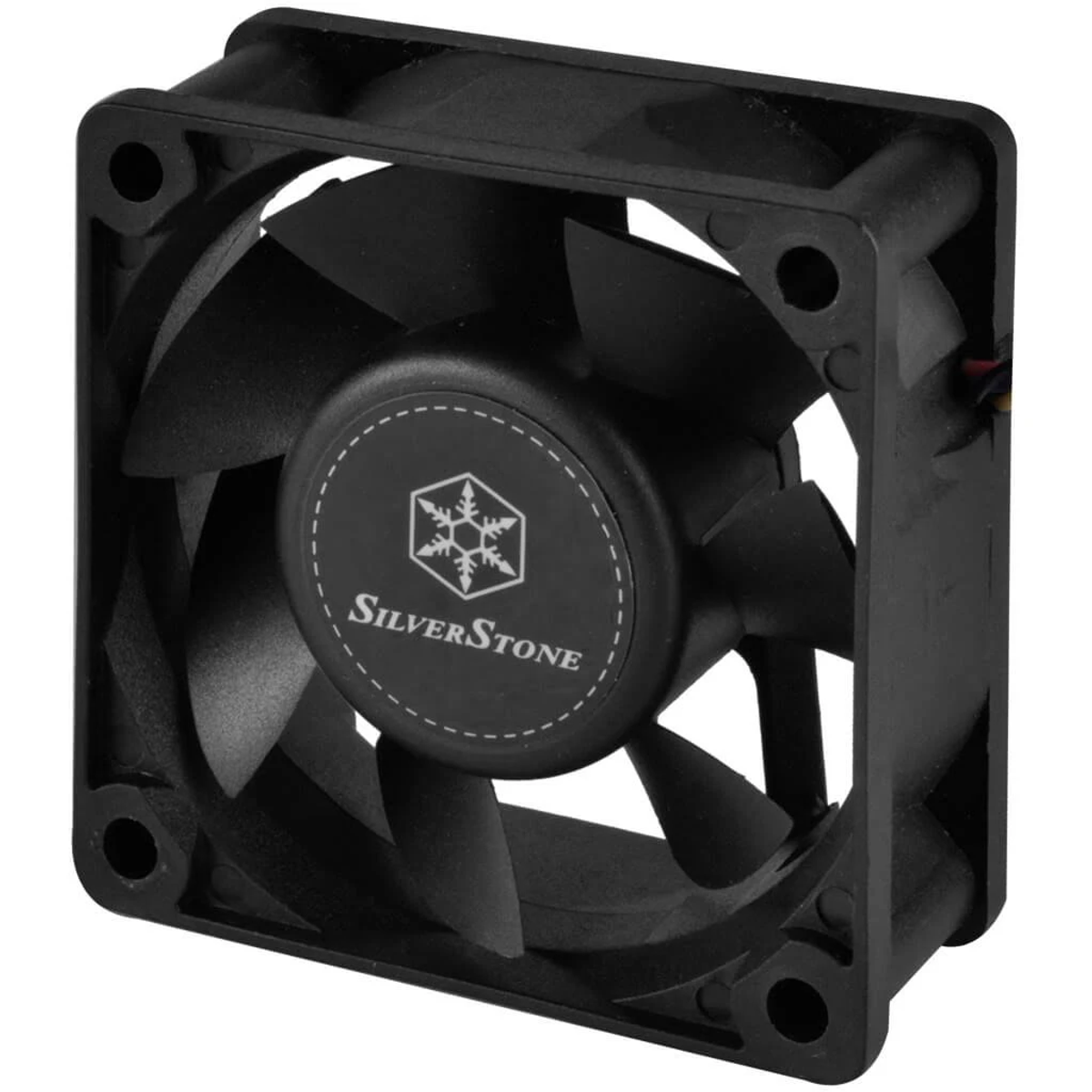 Ventola PC nera con pale nere e logo argentato.