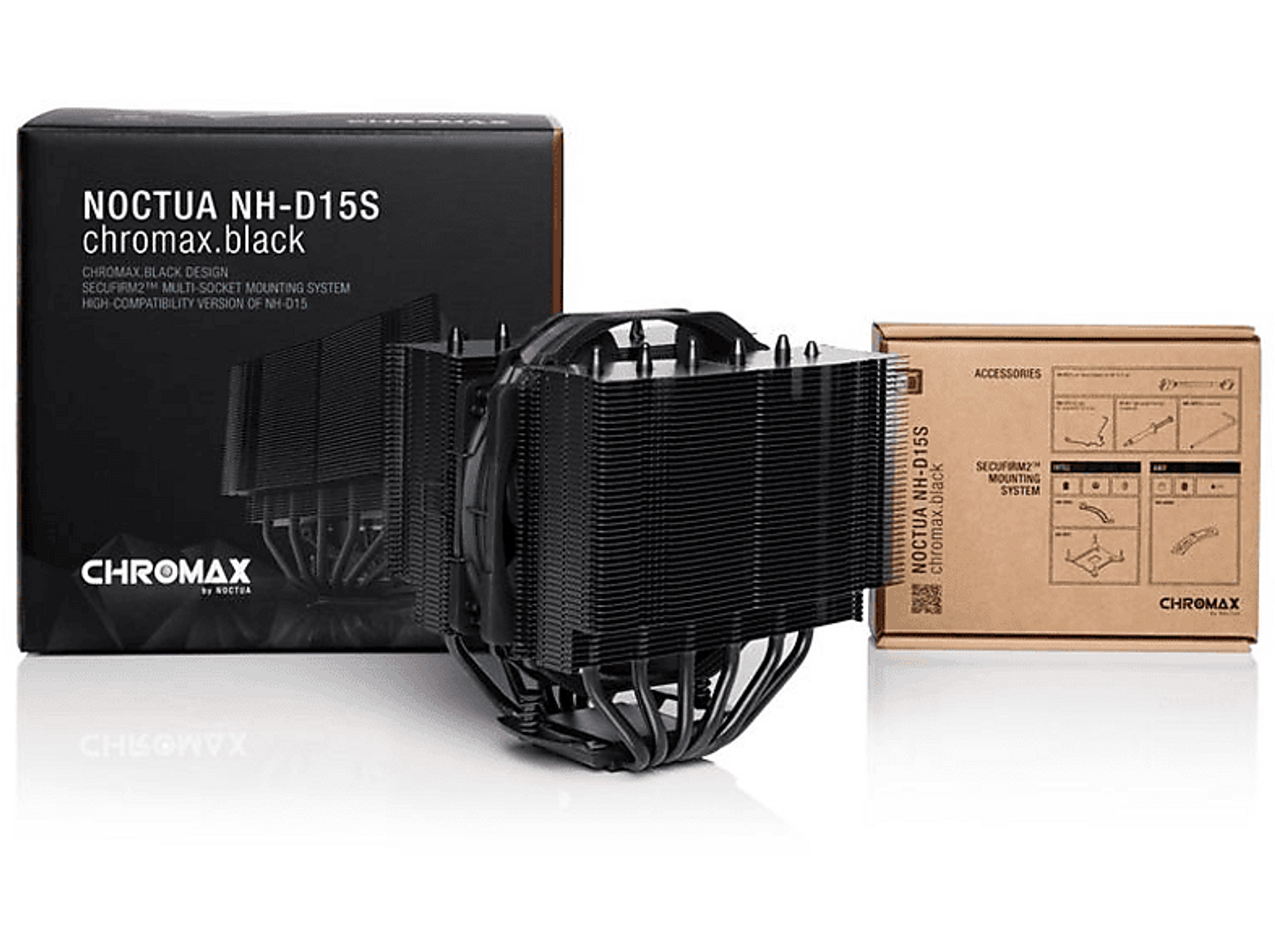 Czarny cooler CPU z dwoma pudełkami. Chłodnica ma wiele żeber i jest czarna.