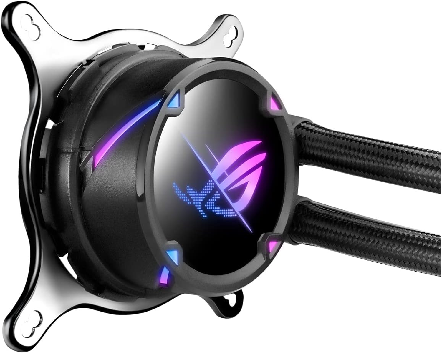 Nahaufnahme eines ROG CPU-Kühlers mit zwei Schläuchen. Es hat RGB-Beleuchtung und ein ROG-Logo.
