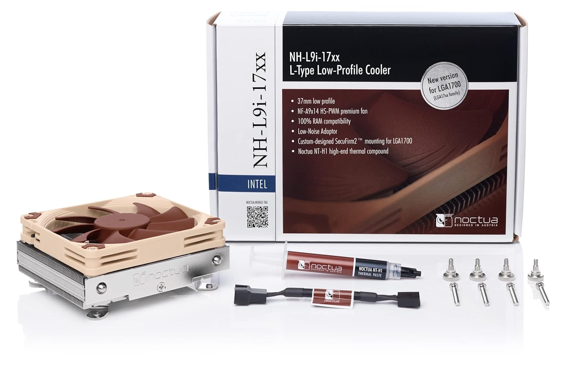 Zestaw chłodzenia komputera. Chłodnica i pudełko z tekstem. Zawiera również pastę termoprzewodzącą i śruby.