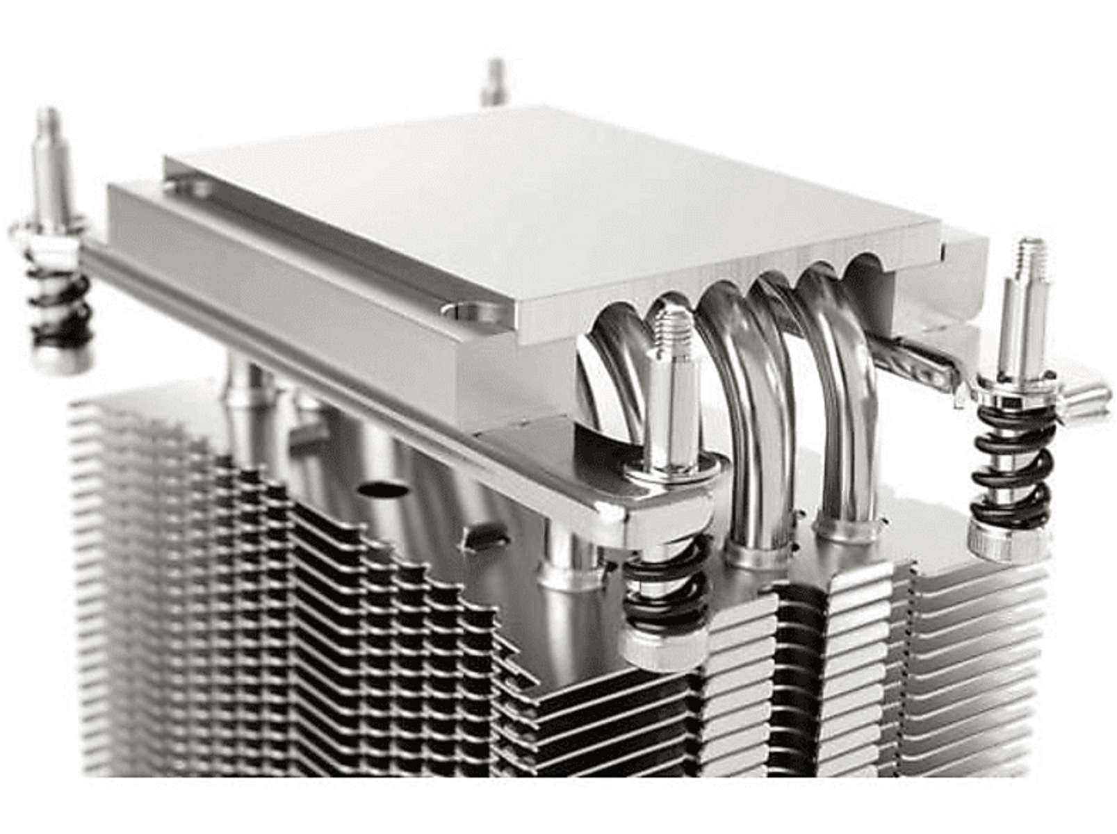 Metal cooler with silver tubes and fins. It is on a white background.