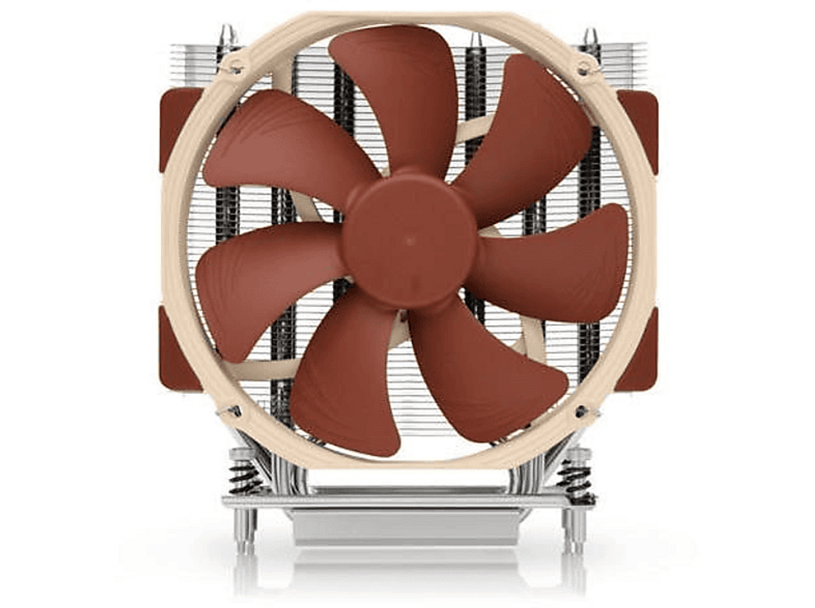 Brązowy wentylator z brązowymi łopatkami i beżową ramą na białym tle, widok z góry.