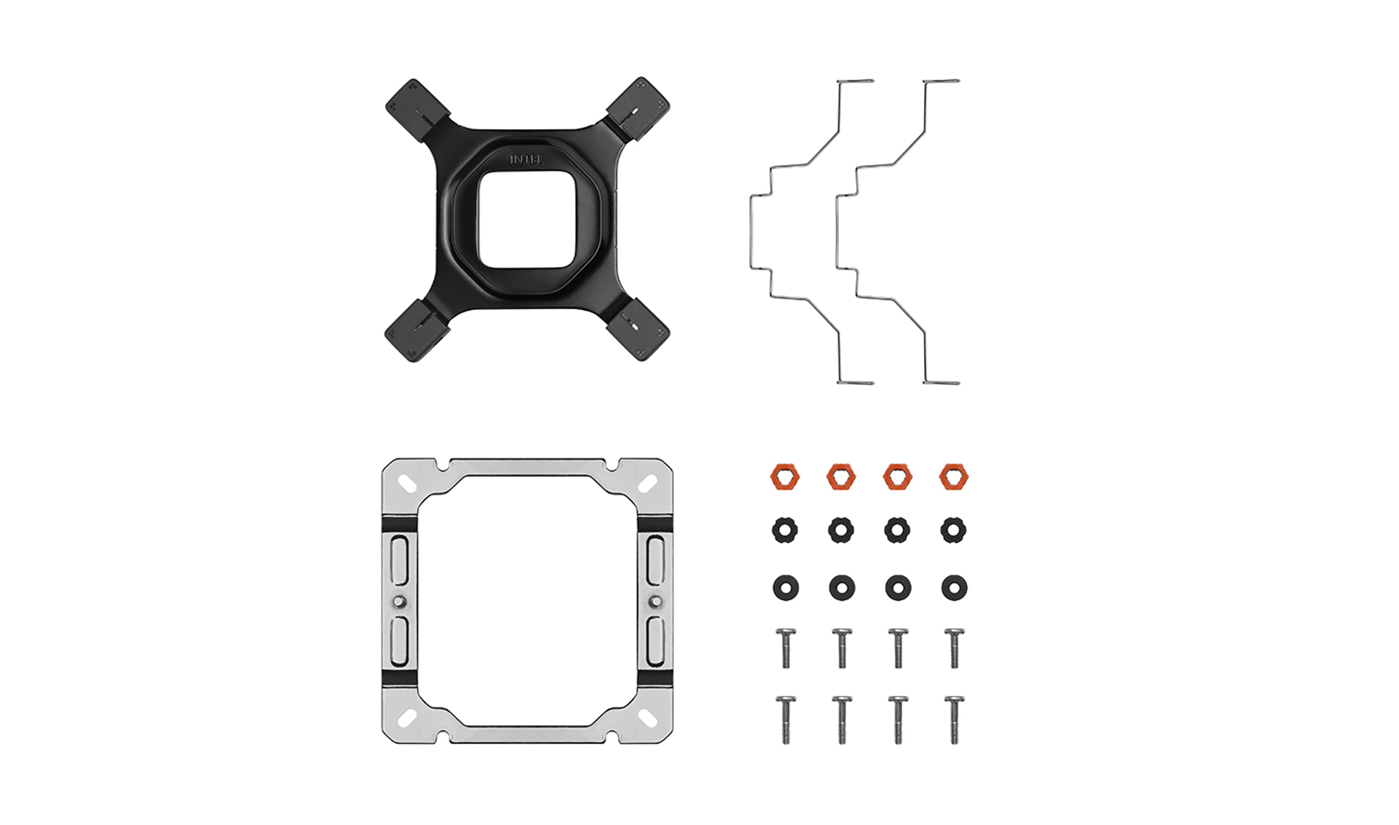 Osprzęt montażowy chłodnicy komputera, w tym wsporniki, śruby i nakrętki.