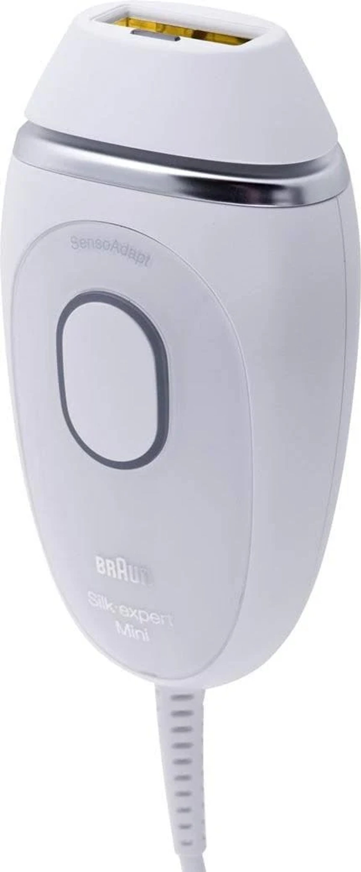 Beyaz kablolu beyaz Braun Silk-expert Mini tüy alma cihazı. Gümüş rengi bir vurgusu ve bir düğmesi var.