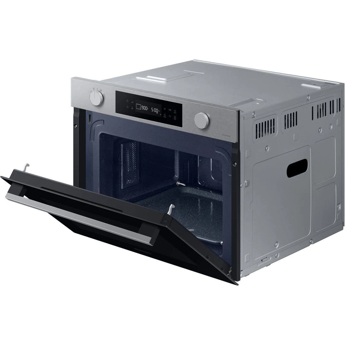 Forno a microonde argento con porta aperta. Interno nero e pannello di controllo visibili.