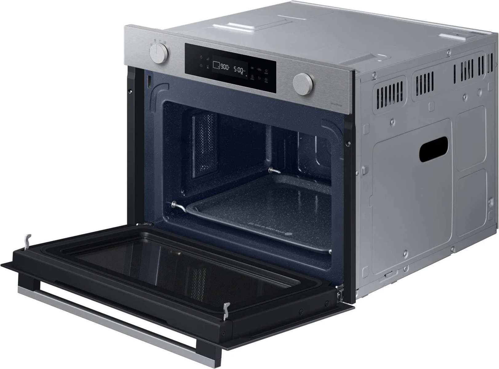 Un forno a microonde Samsung argento aperto, che mostra l'interno con un vassoio.