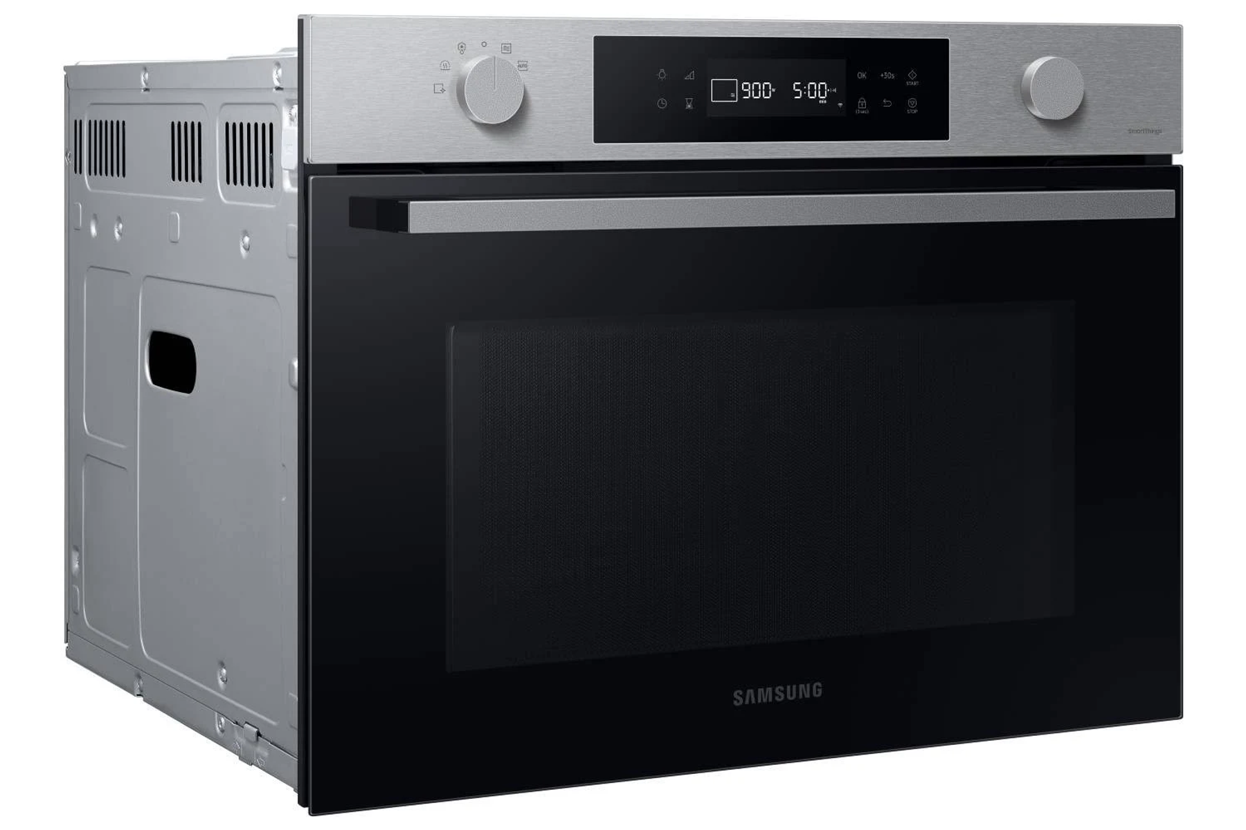 Forno a incasso in acciaio inox con porta in vetro nero e pannello comandi.