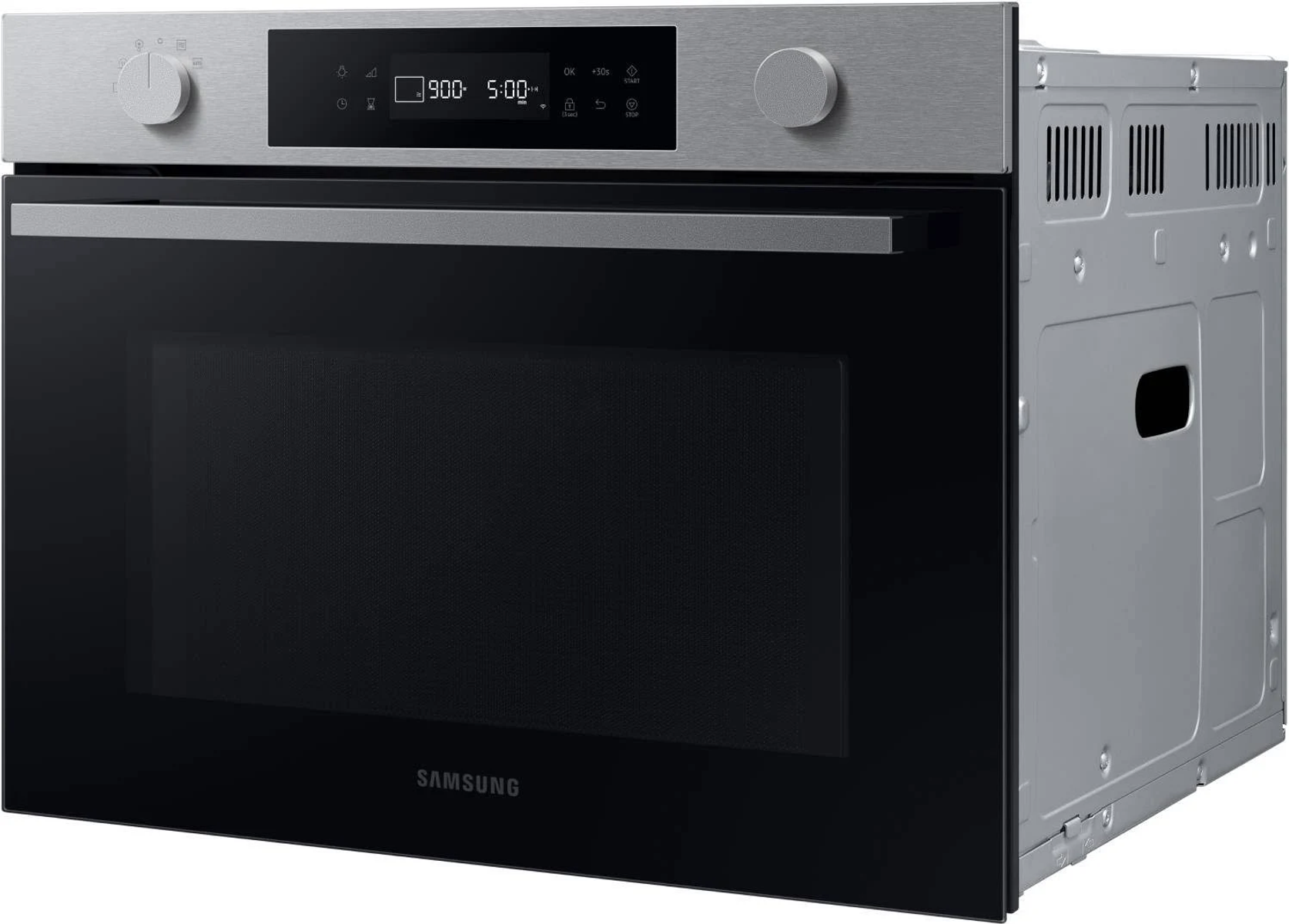 Un forno a microonde argentato con porta in vetro nero e comandi in alto.