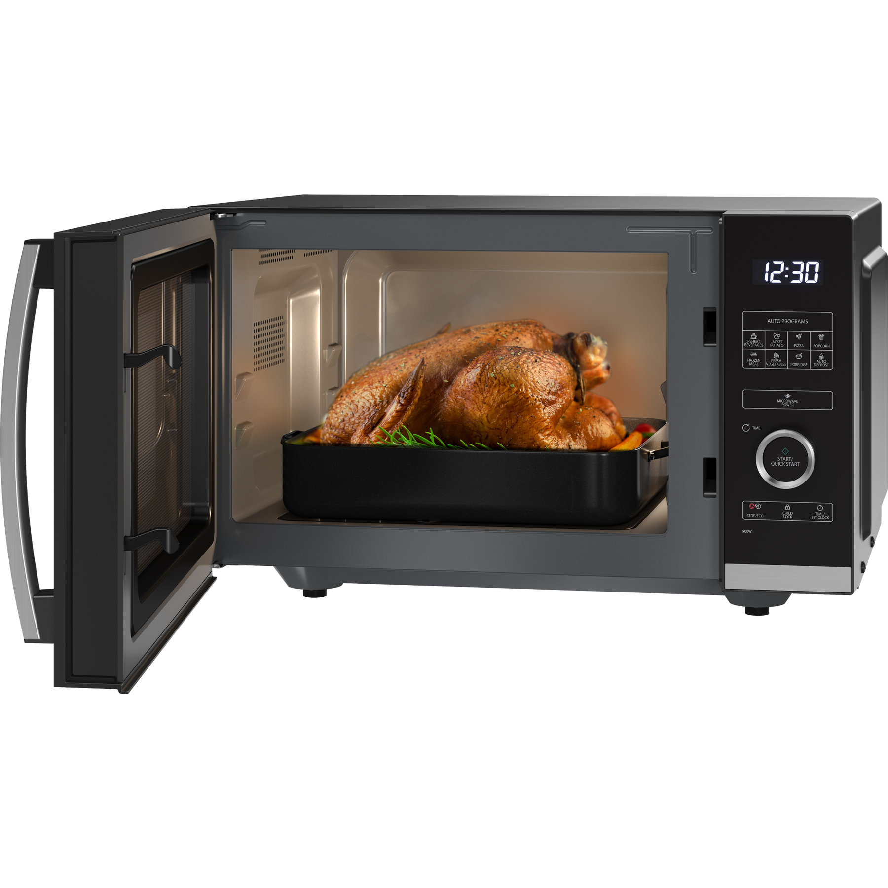 Kuchenka mikrofalowa z otwartymi drzwiami. W środku upieczony indyk w czarnej patelni.