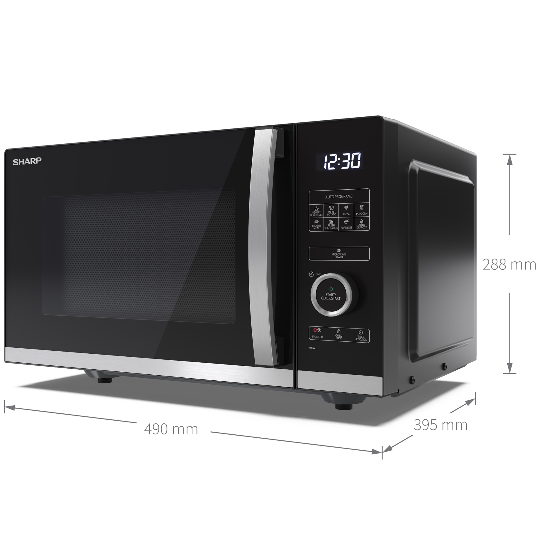 Czarny piekarnik mikrofalowy Sharp z wyświetlaczem cyfrowym i wymiarami w mm.