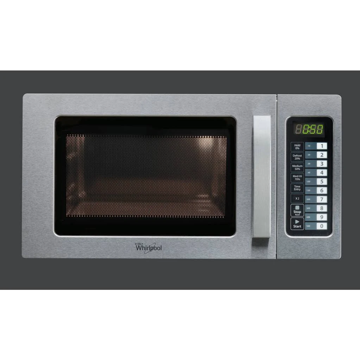 Horno microondas de acero inoxidable con pantalla digital.