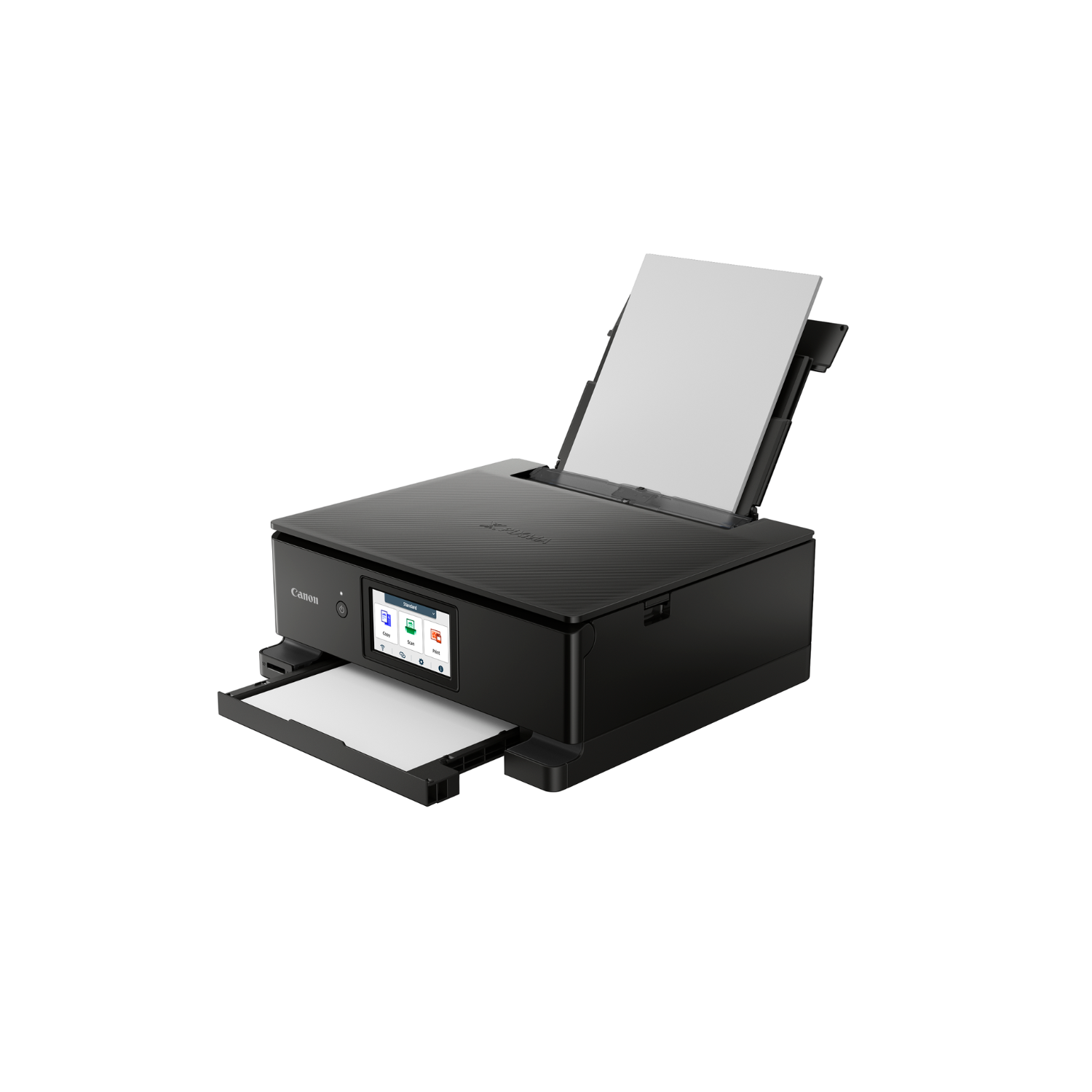 Czarna drukarka Canon z otwartą tacą na papier i wkładanym papierem. Białe tło.