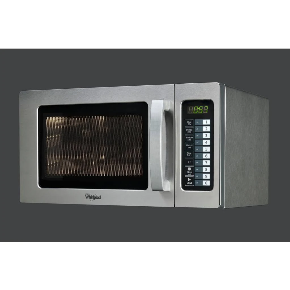 Microondas de acero inoxidable con panel de control y pantalla digital.