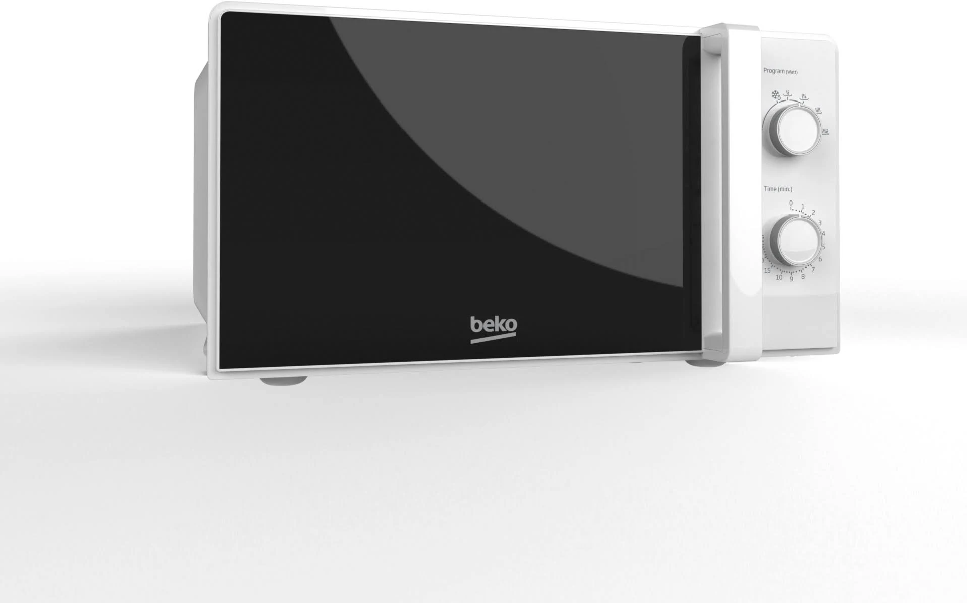 Biała kuchenka mikrofalowa Beko, widok z przodu. Dwa pokrętła i ciemne szklane drzwi.