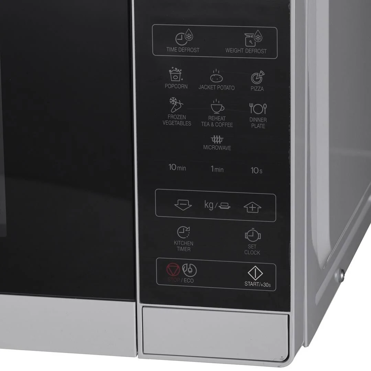 Panel sterowania kuchenki mikrofalowej, zbliżenie, białe tło.