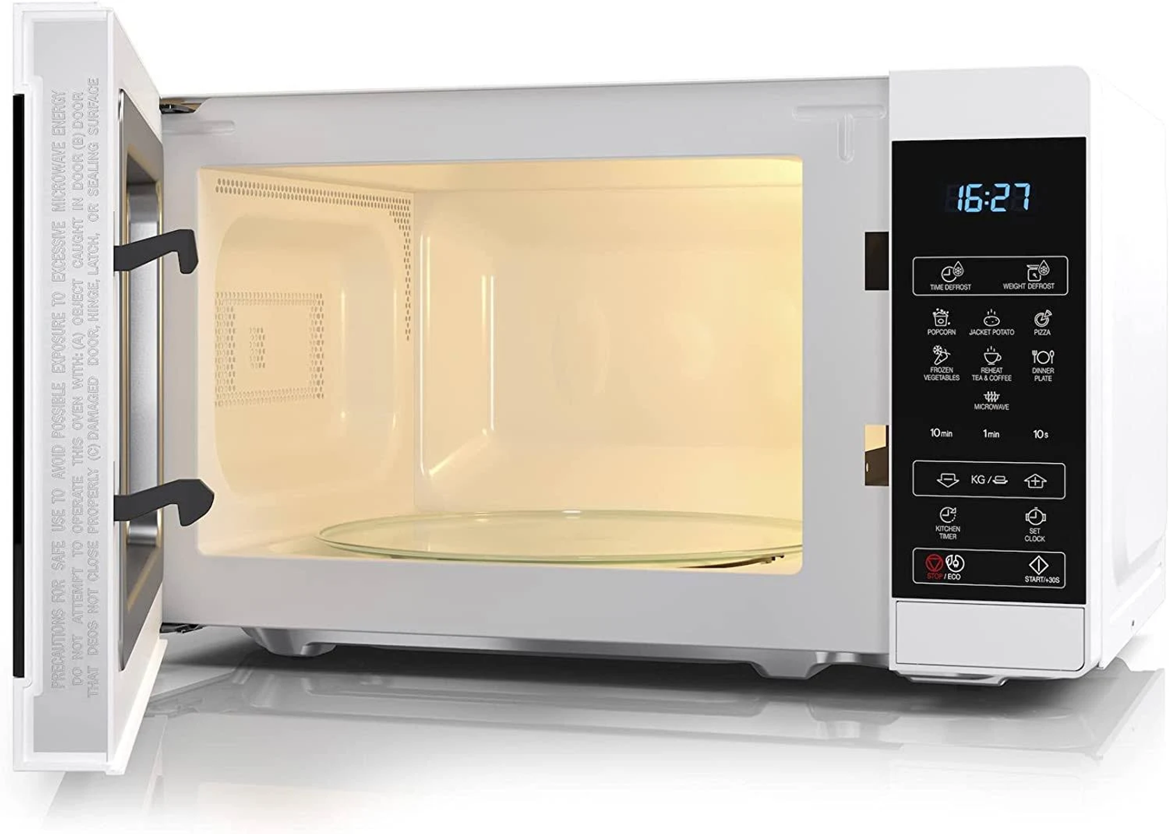 Otwarta biała kuchenka mikrofalowa ze szklanym talerzem w środku i wyświetlaczem cyfrowym.