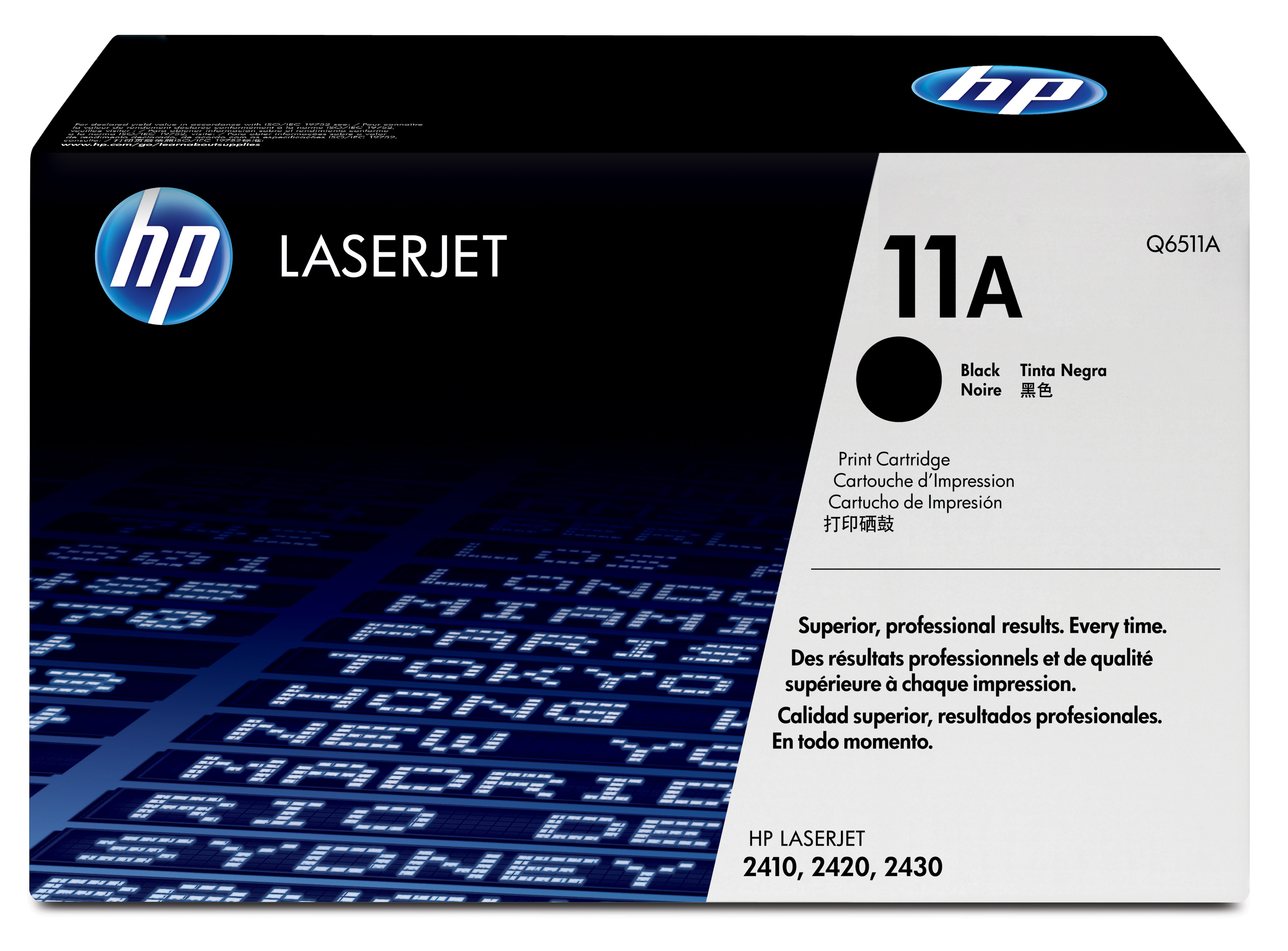 Schwarz-weiße HP Laserjet 11A Druckpatronenbox mit Text und Logo.