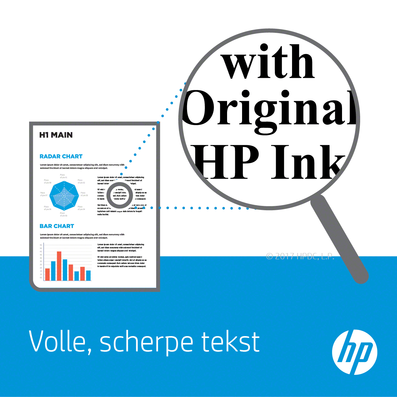 Una lente d'ingrandimento mostra 'with Original HP Ink'. Un diagramma radar e un grafico a barre sono su carta.