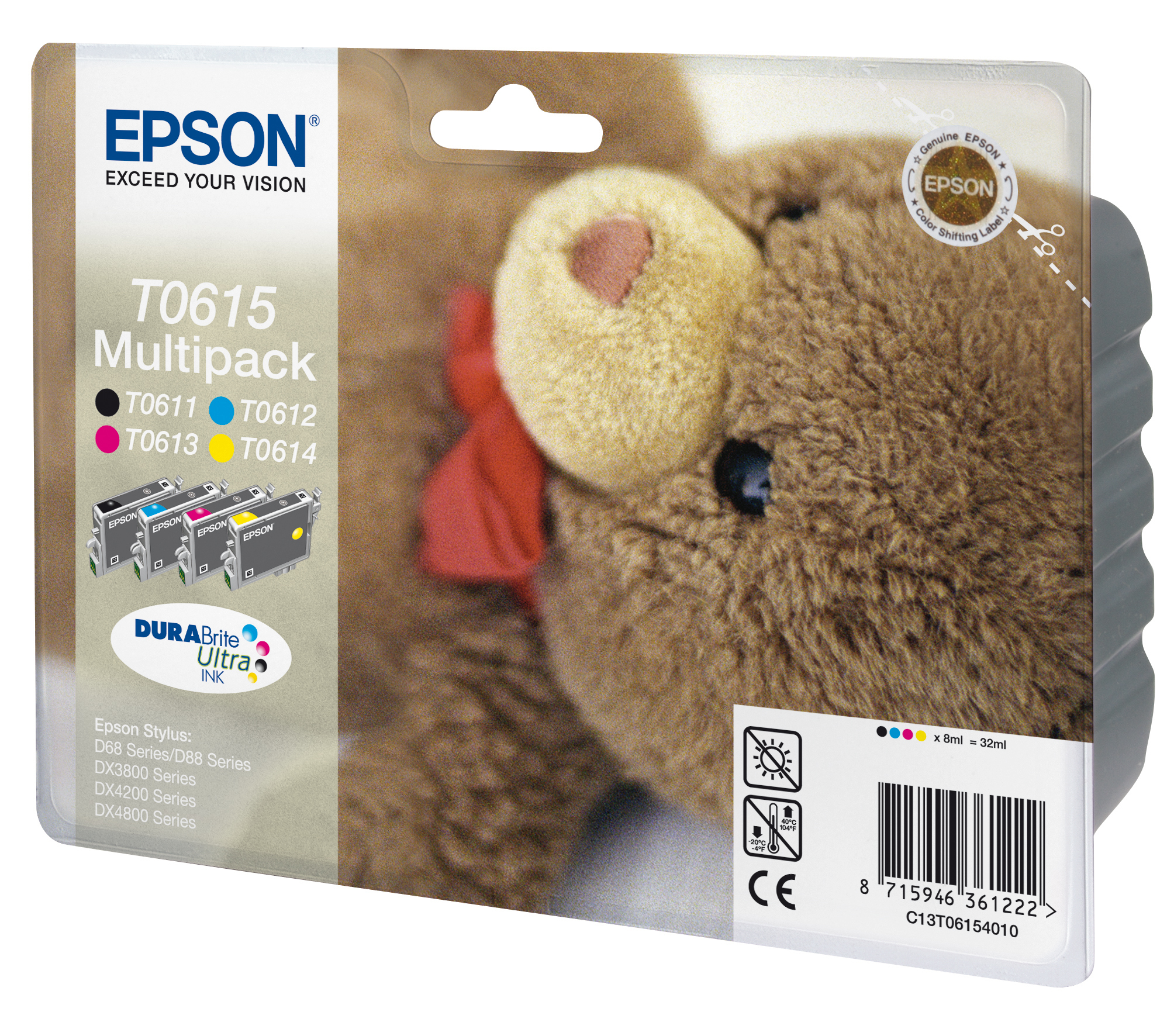 Epson Tintenpatronen-Verpackung. Die Verpackung zeigt einen Teddybären und vier farbige Tintenpatronen.