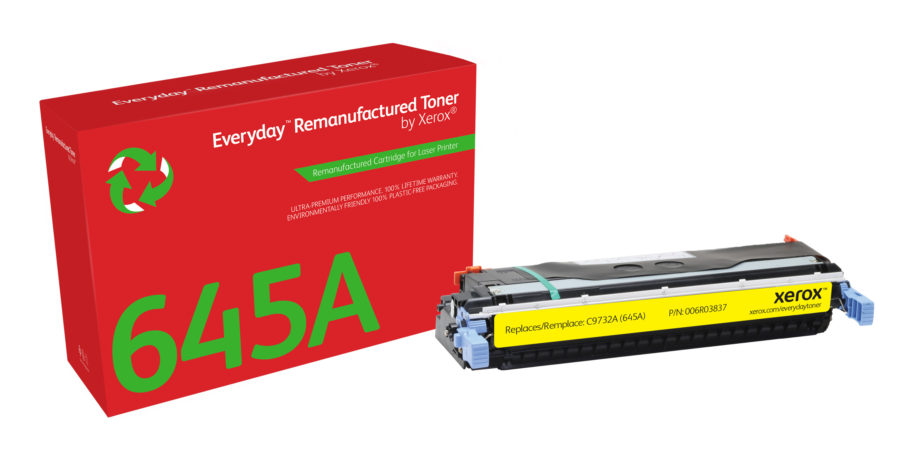 Scatola di cartucce toner rosse e bianche e una cartuccia. Testo: 645A, Everyday Remanufactured Toner.