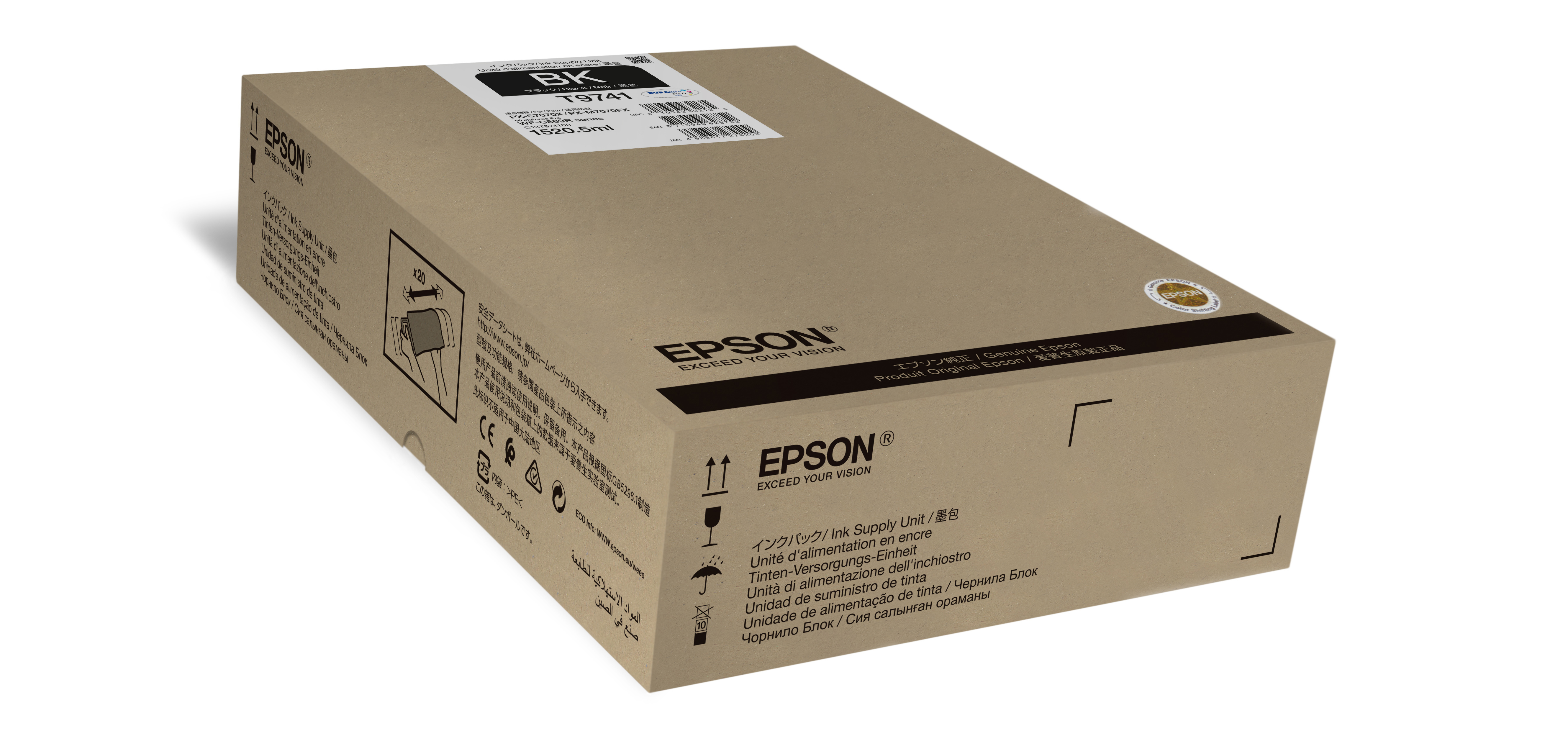 Una scatola rettangolare di cartucce d'inchiostro Epson. La scatola è marrone.