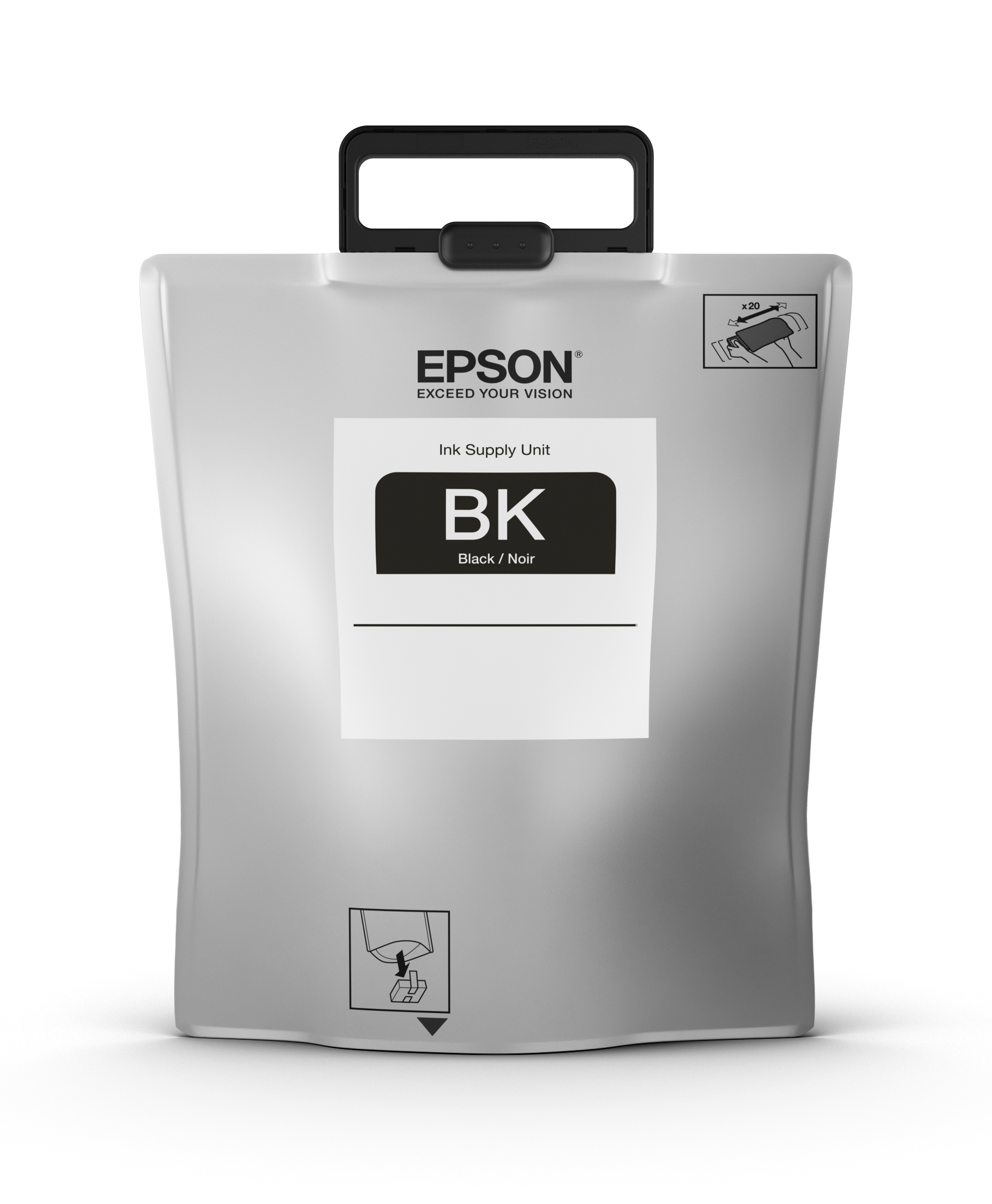 Cartuccia di inchiostro nero Epson in una sacca con manico nero.