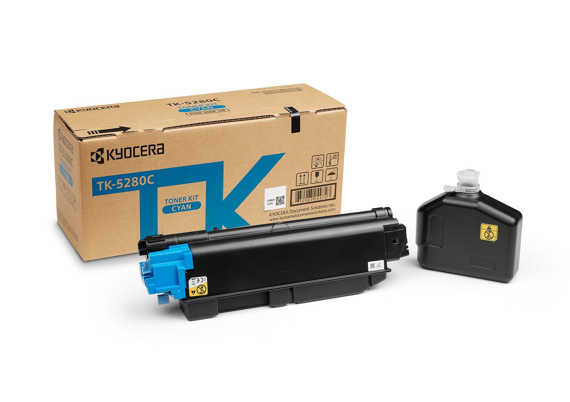 Wkład z tonerem i pudełko. Pudełko mówi TK-5280C Toner Kit Cyan. Wkład cyjanowy i czarny.