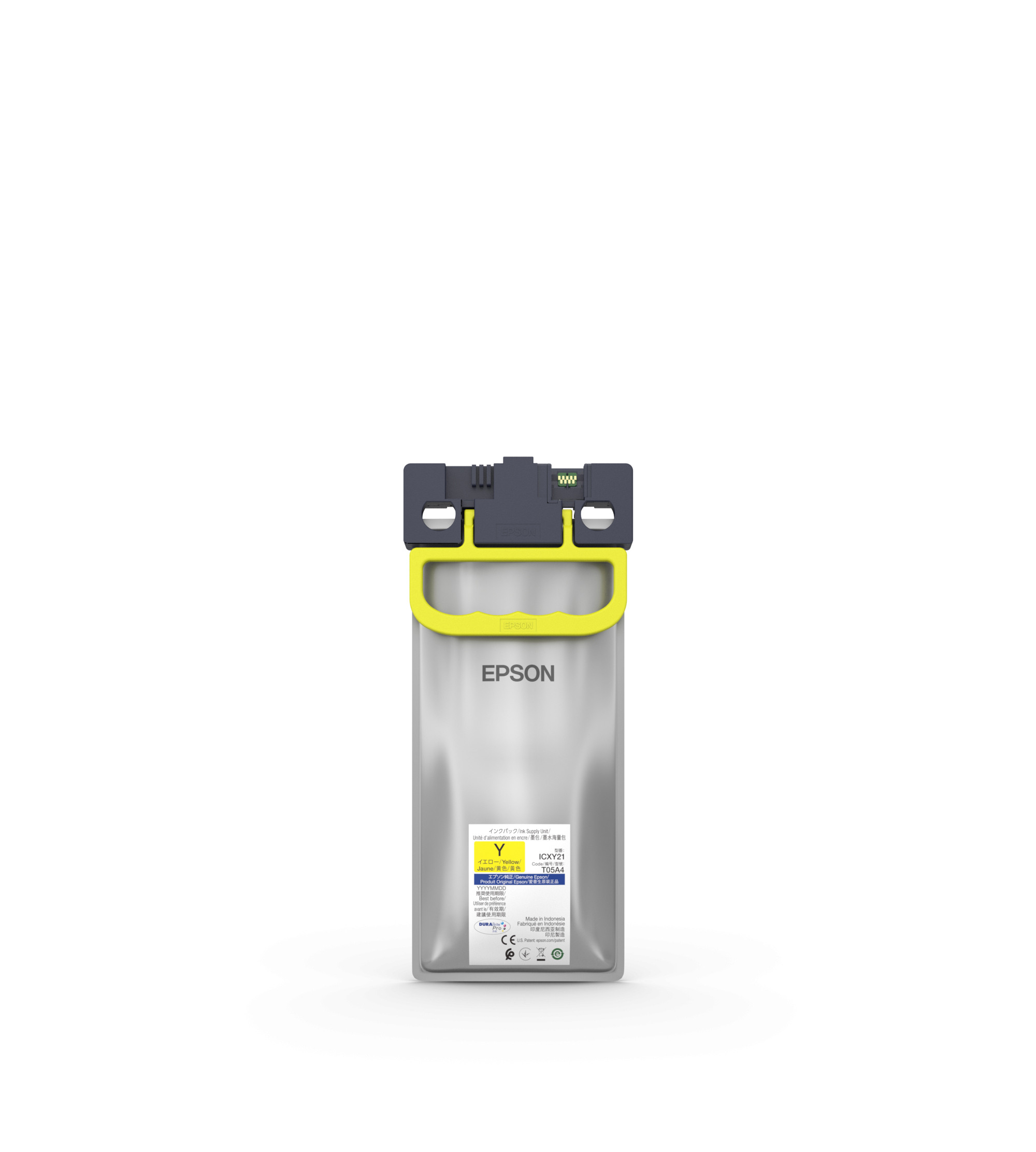 Un cartucho de tinta Epson en una bolsa. El cartucho es amarillo con detalles en negro y gris.