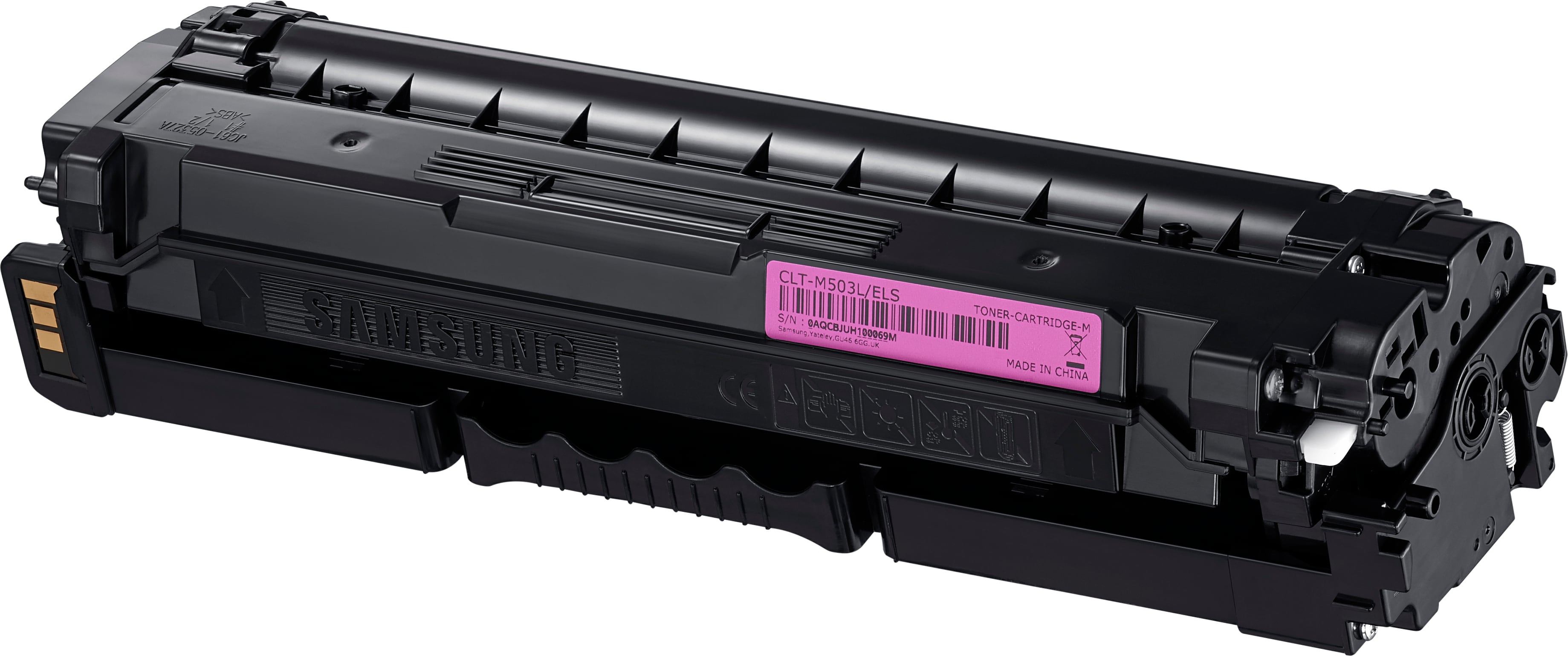 Schwarze Samsung Tonerkartusche, rosa Etikett mit Produktdetails und Verpackung.