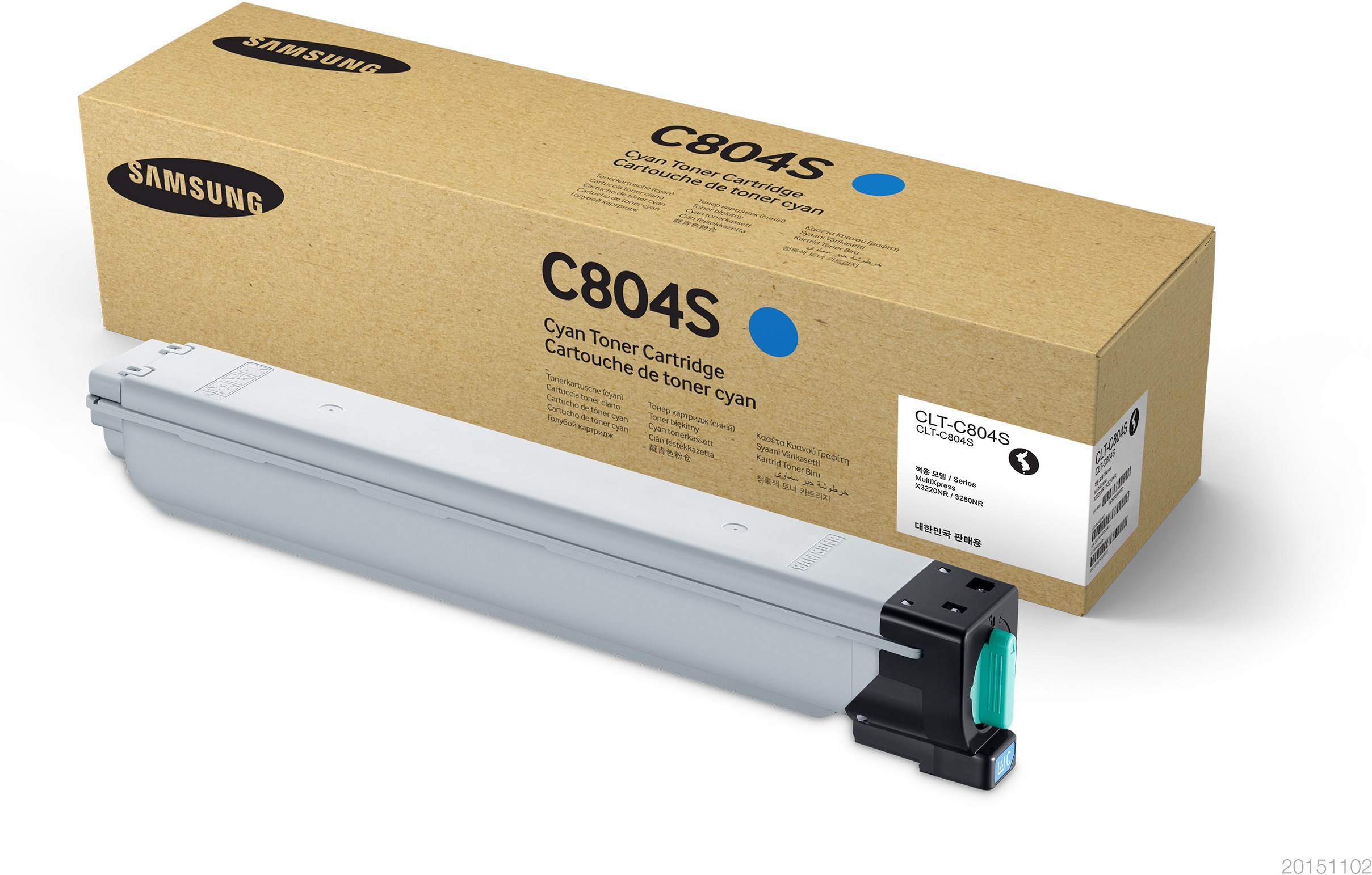 Samsung cyaan tonercartridge en doos. Tekst: C804S Cyan Toner Cartridge. Blauw accent.