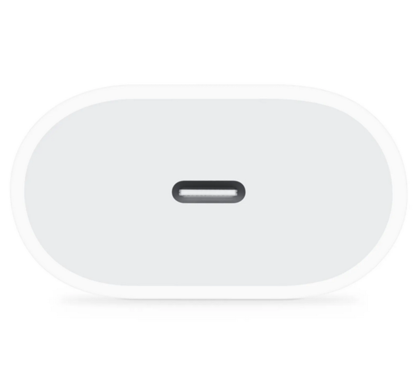Caricatore USB-C bianco con porta nera. Forma ovale con bordo bianco.