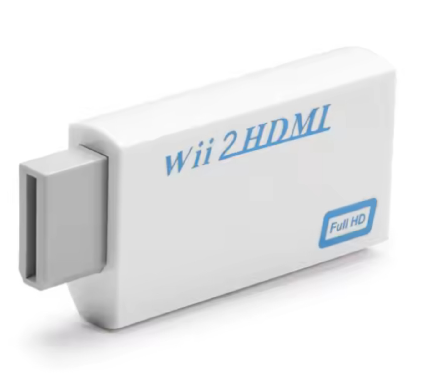 Weißer Wii 2 HDMI-Adapter. Text: Wii 2 HDMI, Full HD. Weißer Hintergrund.