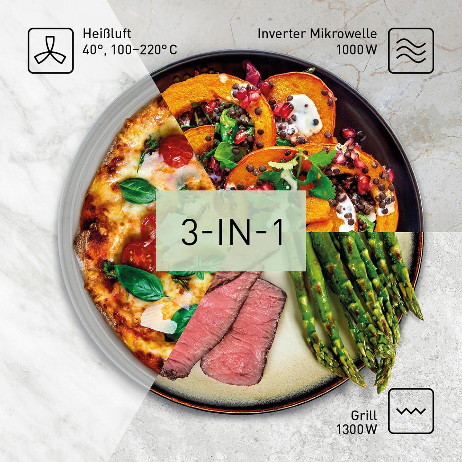 Prezentacja jedzenia 3 w 1: pizza, stek ze szparagami i danie z dodatkami.