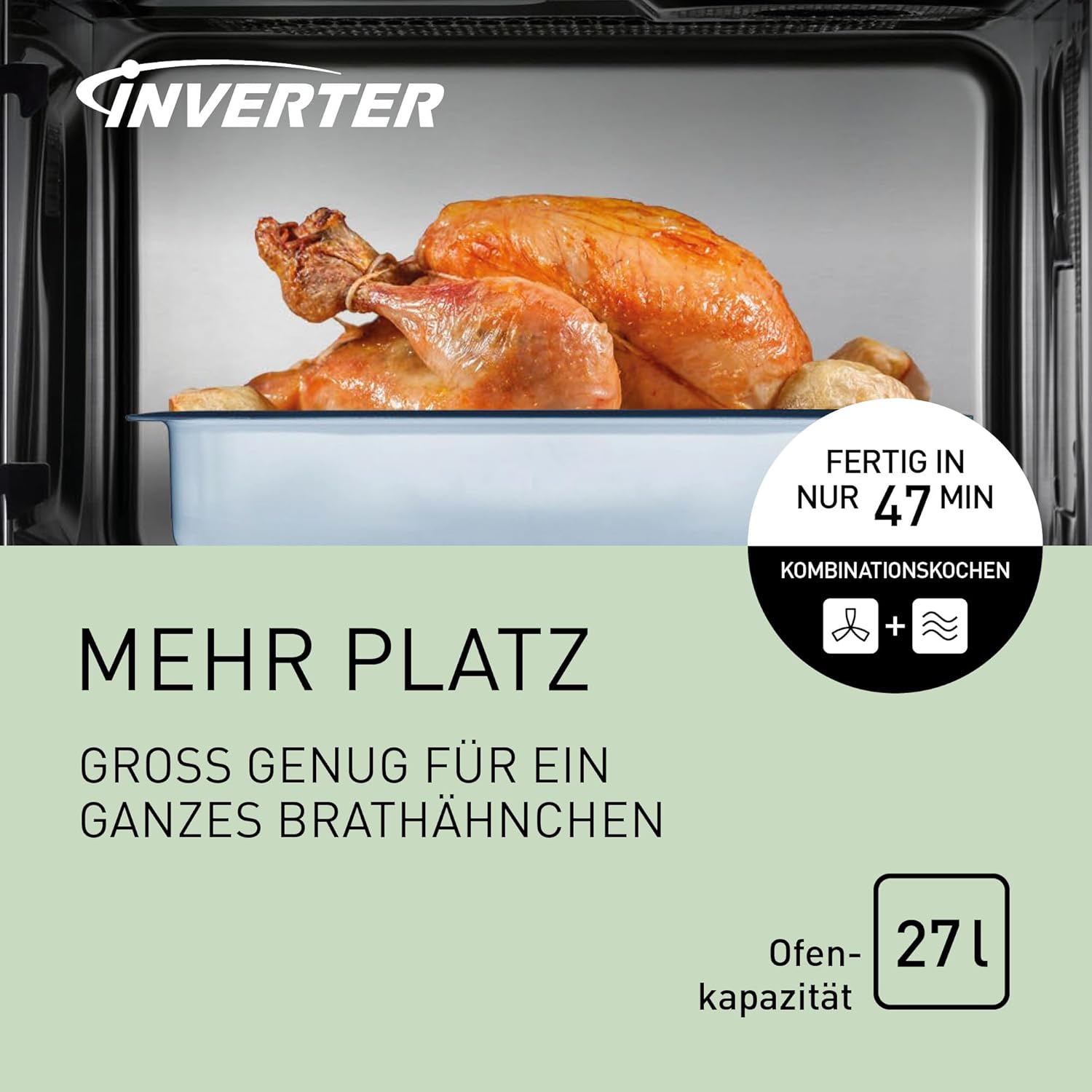 Wnętrze kuchenki mikrofalowej z pieczonym kurczakiem. Tekst: Więcej miejsca, na kurczaka.