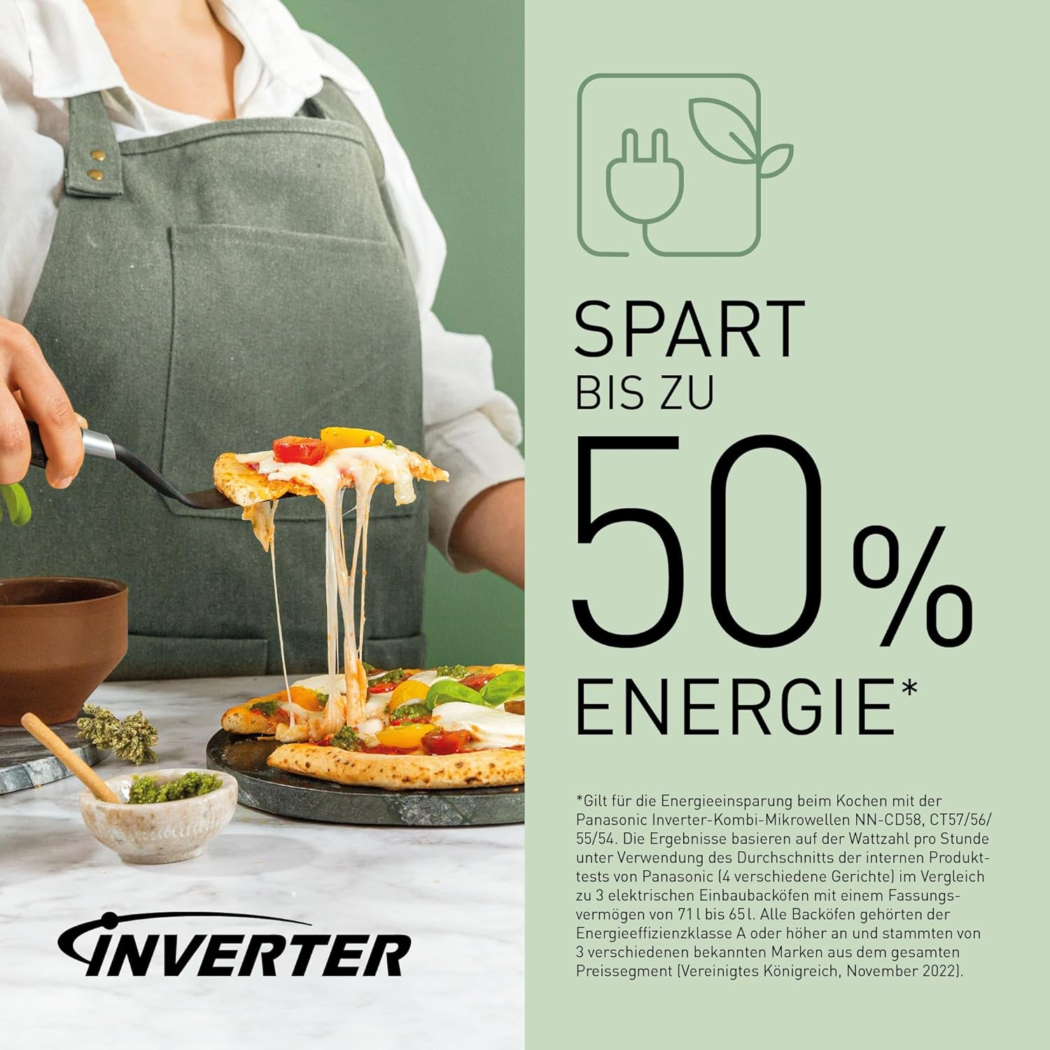 Osoba trzymająca pizzę z roztopionym serem. Nakładka tekstowa wskazuje oszczędność energii.