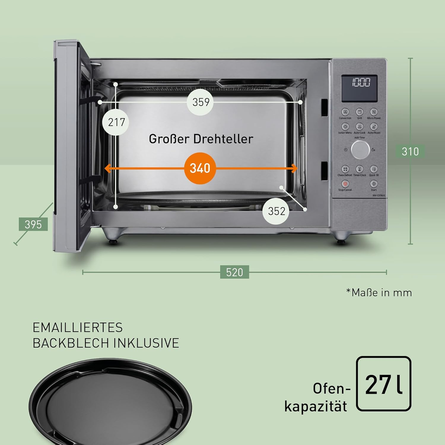 Kuchenka mikrofalowa z otwartymi drzwiami, srebrny wygląd, wymiary, czarna blacha i tekst.