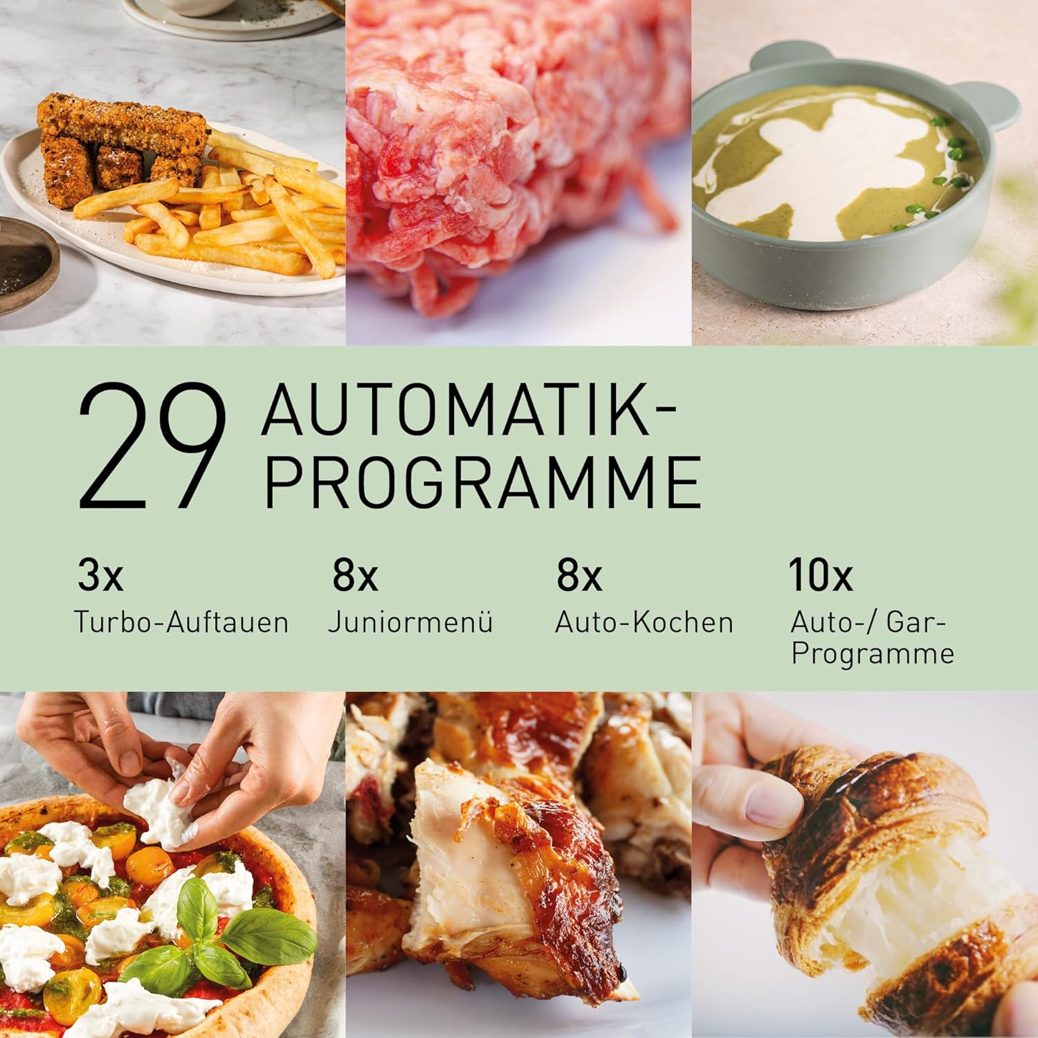 Kolaż przygotowywania jedzenia. Zawiera frytki, mięso mielone, zupę, pizzę, kurczaka i rogalika.