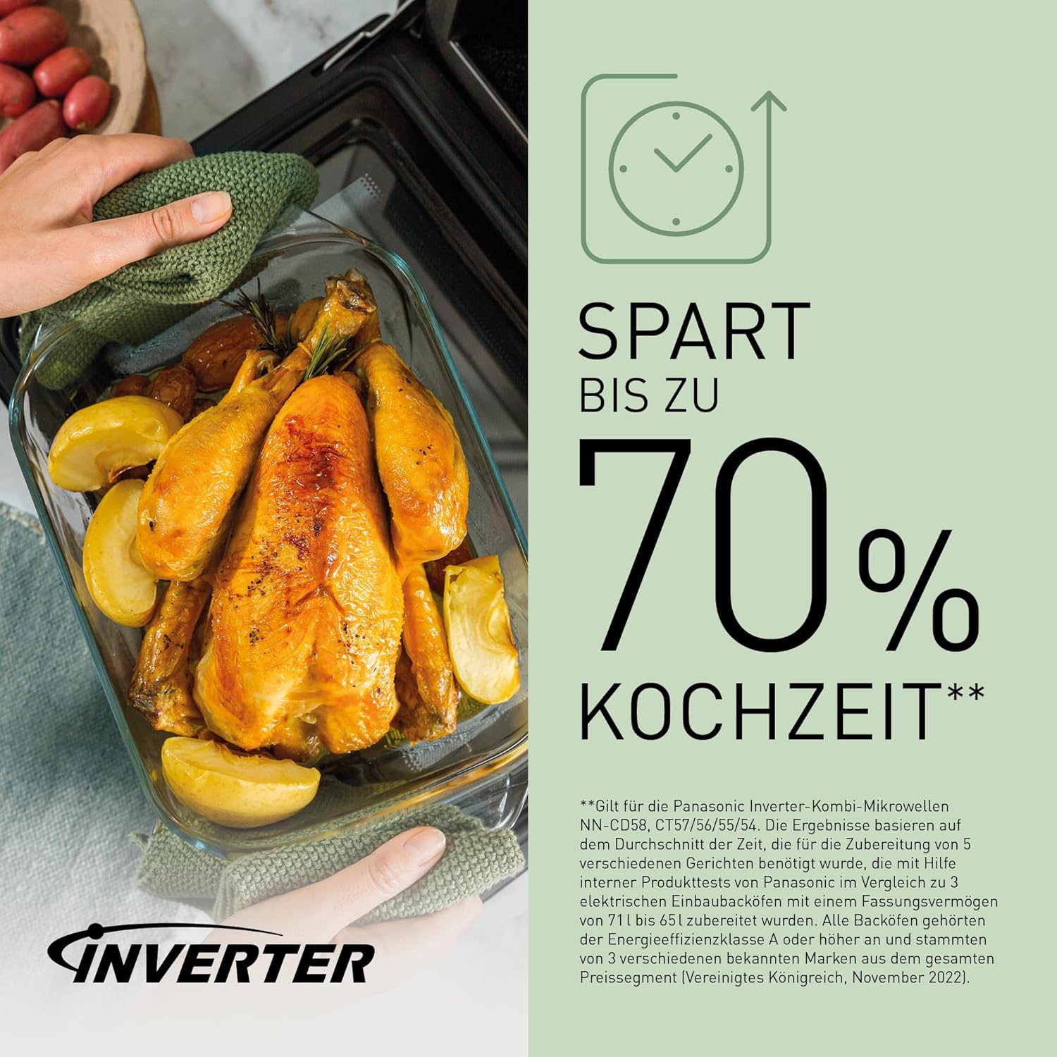 Pieczony kurczak i jabłka w szklanym naczyniu. Tekst wskazuje na oszczędność czasu w piekarniku.