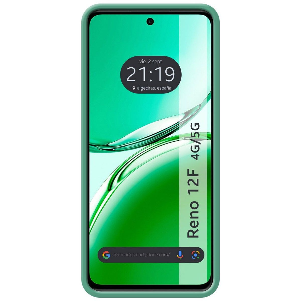 Smartphone verde con schermo che mostra data e ora. Il telefono ha una cornice verde.