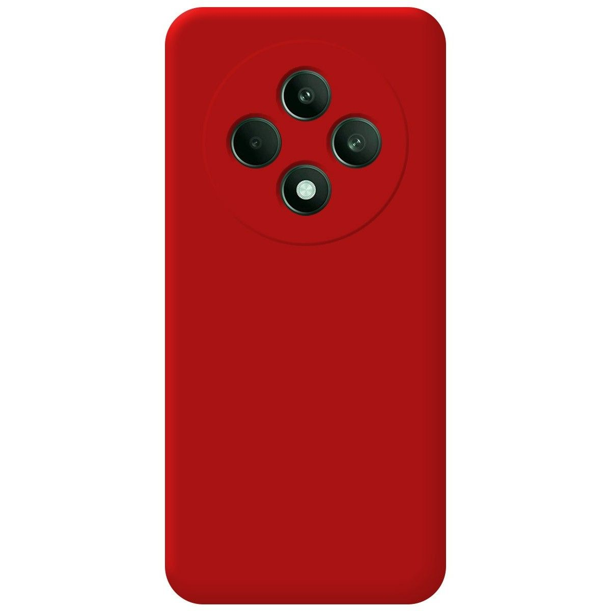 Un retro di smartphone rosso con quattro obiettivi della fotocamera disposti in cerchio.