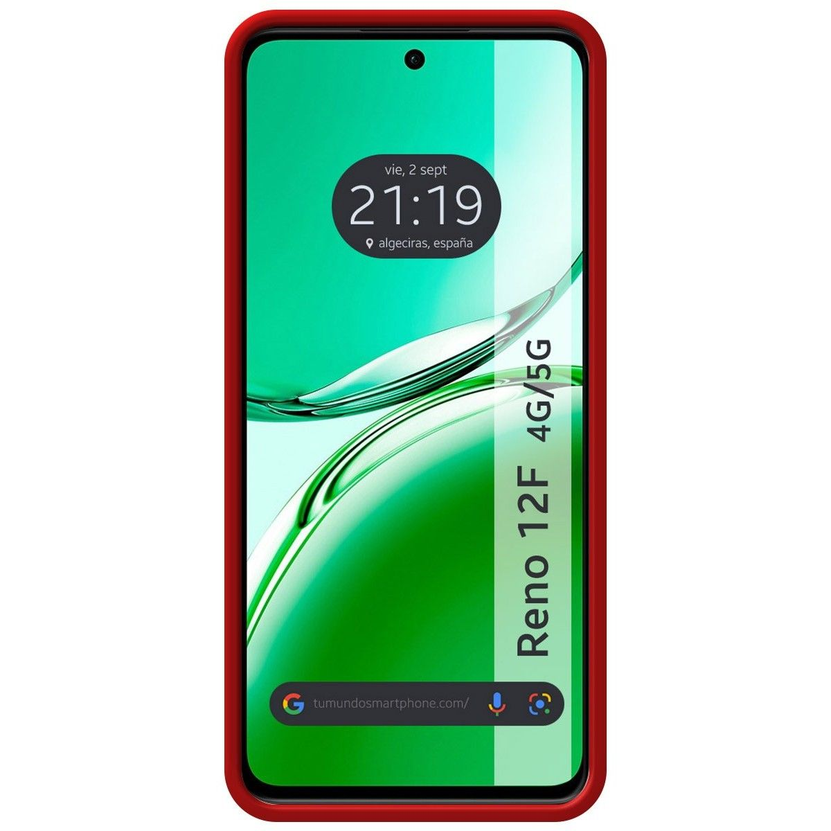 Telefono cellulare con cornice rossa e ora 21:19.