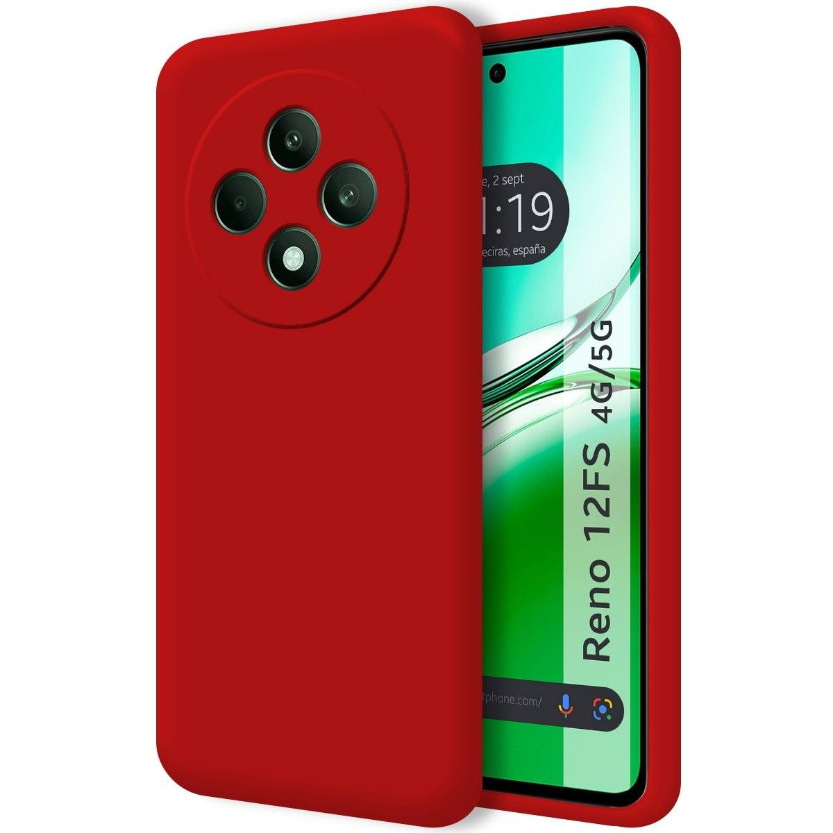 Custodia rossa per telefono con tre lenti della fotocamera. Il telefono ha uno schermo nero.