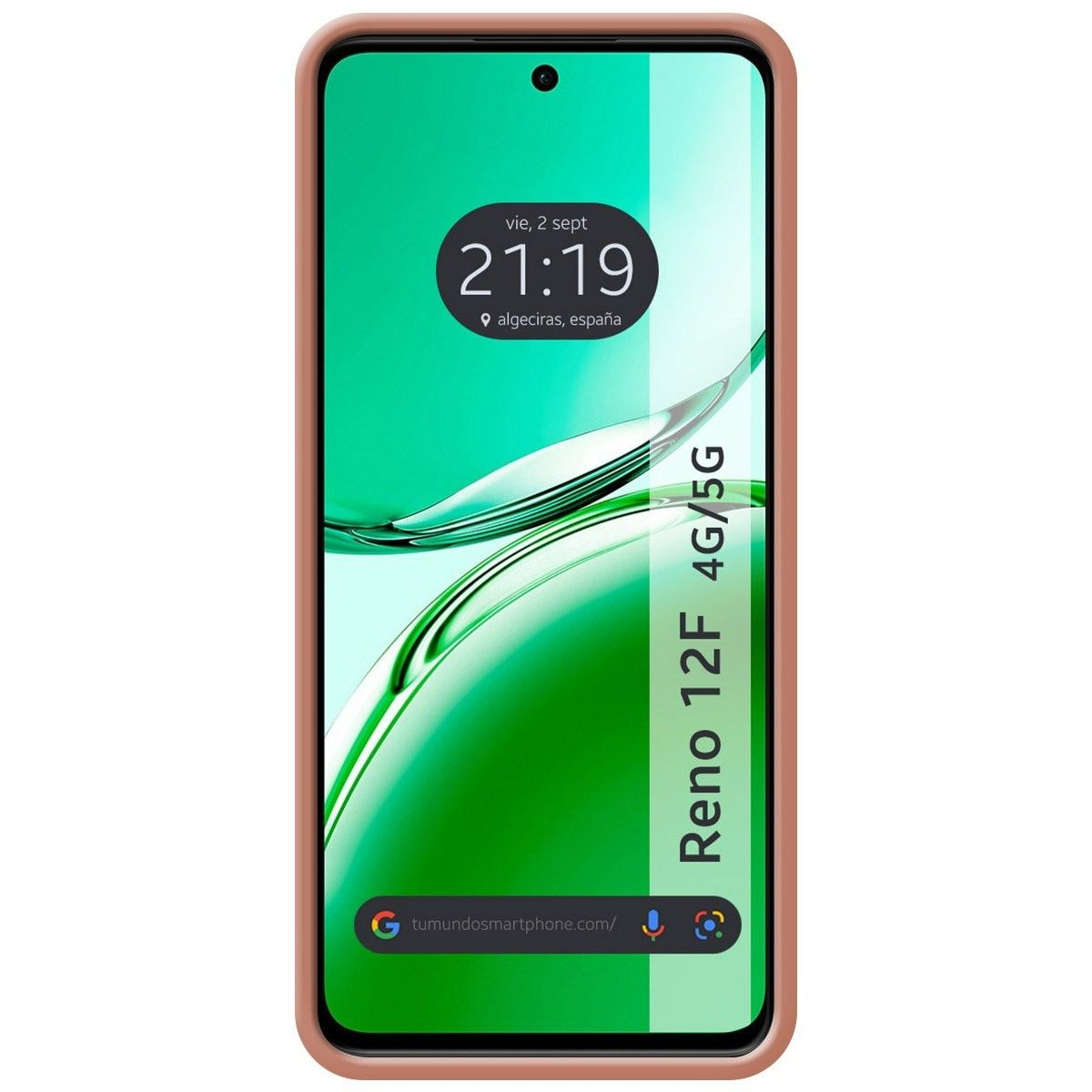 Smartphone che mostra data e ora, in custodia rosa, sfondo bianco.
