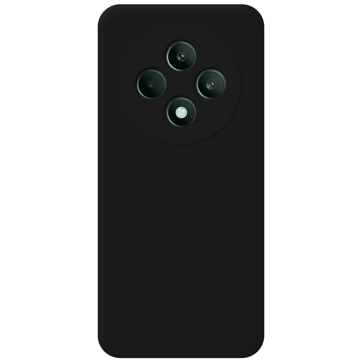 Custodia per telefono nera con tre obiettivi della fotocamera disposti a cerchio sul retro.